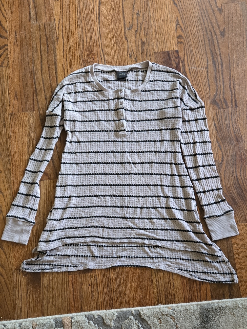 Striped Waffle Knit Henley Top - Black & Cream